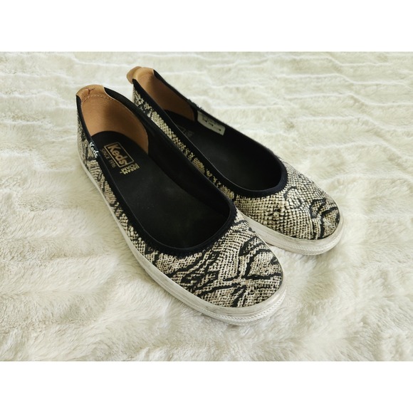 Keds Black White Brown Snakeskin Canvas Ballet Slip On Flat Shoes WF63950 Sz‎ 7 - Picture 1 of 9